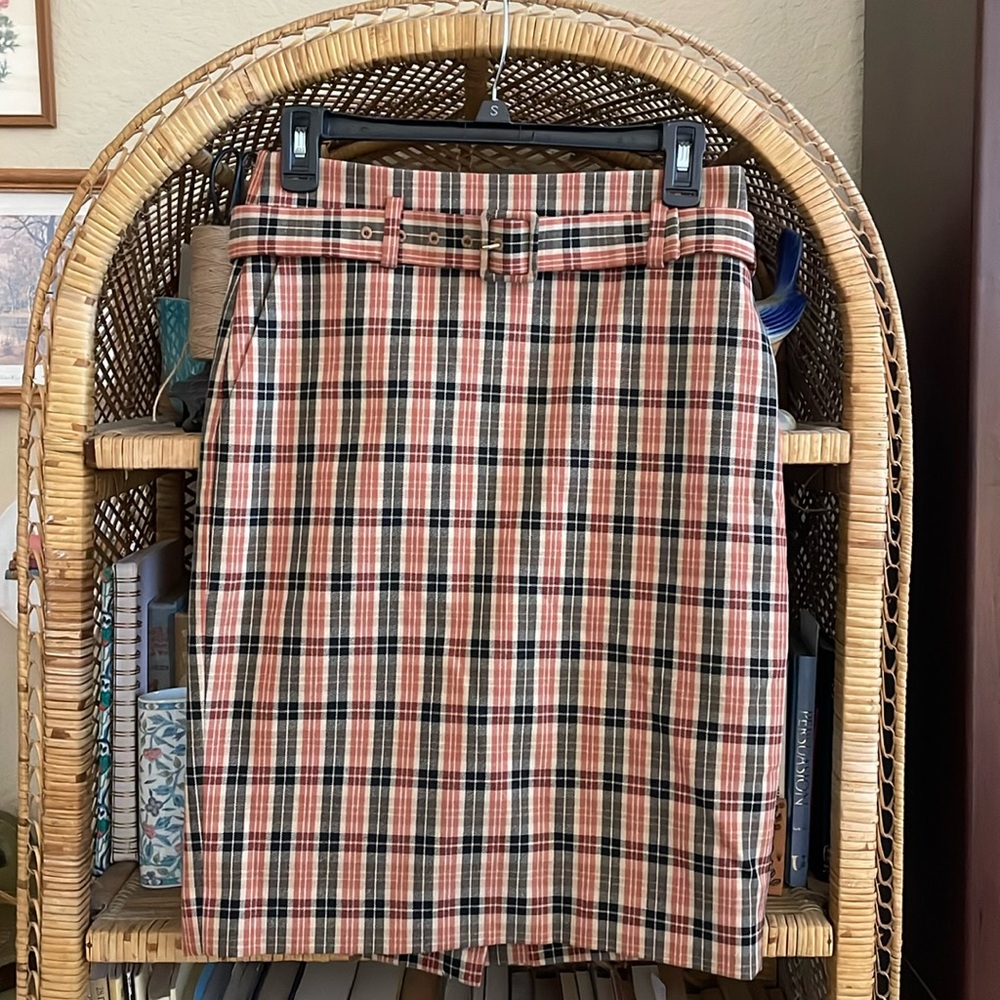Ann Taylor Orange Belted Plaid Pencil Skirt 2P LIKE NEW